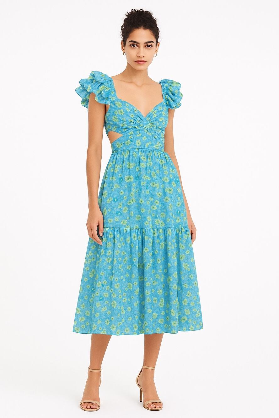 MAC DUGGAL Blue Floral Ruffle Tiered Lace Up Back Cutout Hemmed Gown Size 8